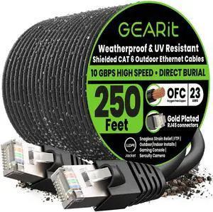 Cat6 Outdoor Ethernet Cable (250ft) 23AWG Pure Copper, FTP, LLDPE, Waterproof, Direct Burial, In-Ground, UV Resistant, POE, Network, LAN, Internet, Cat 6, Cat6 Cable - 250 Feet Cat6 Outdoor Ethernet Cable (250ft) 23AWG Pure Copper, FTP, LLDPE, Waterproof, Direct Burial, In-Ground, UV Resistant, POE, Network, LAN, Internet, Cat 6, Cat6 Cable - 250 Feet