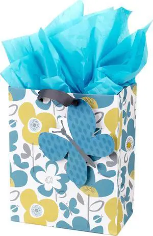 9" Medium Gift Bag with Tissue Paper (Flowers and Butterflies) | Includes two turquoise tissue sheets and butterfly tag. Great for birthdays, Mother's Day, bridal showers 9" Medium Gift Bag with Tissue Paper (Flowers and Butterflies) | Includes two turquoise tissue sheets and butterfly tag. Great for birthdays, Mother's Day, bridal showers