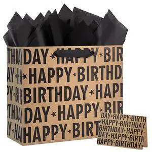 13" Kraft Birthday Gift Bag with Tissue Paper and Greeting Card, Black Happy Birthday Lettering Design Gift Paper Bag for Men, Women, Kids (Black) 13" Kraft Birthday Gift Bag with Tissue Paper and Greeting Card, Black Happy Birthday Lettering Design Gift Paper Bag for Men, Women, Kids (Black)