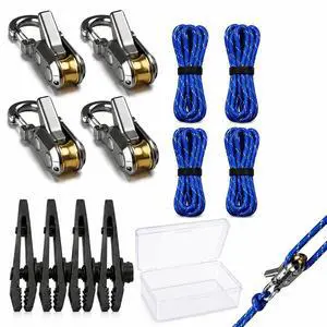 4 Pack No-Knot Rope Tensioner Kit with Guy Lines and Tarp Clips | No-knot roller tighteners, reflective cords, twist-lock tarp clips and a storage case for tents, tarps, canopies and awnings. 4 Pack No-Knot Rope Tensioner Kit with Guy Lines and Tarp Clips | No-knot roller tighteners, reflective cords, twist-lock tarp clips and a storage case for tents, tarps, canopies and awnings.