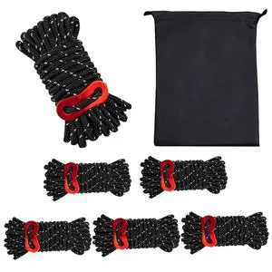 Lightweight Tent Guy Lines with Aluminum Tensioners6-Pack | Black Lightweight Tent Guy Lines with Aluminum Tensioners6-Pack | Black