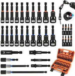 35 PCS Magnetic Nut Driver Set, Impact Drill Driver Bit 1/4" Hex Shank, SAE & Metric Cr-V Steel Nut Drivers with Quick-Release Extensions, Impact Socket Adapters, Bit Holder, 8PCS S2 Bits, Toolbox 35 PCS Magnetic Nut Driver Set, Impact Drill Driver Bit 1/4" Hex Shank, SAE & Metric Cr-V Steel Nut Drivers with Quick-Release Extensions, Impact Socket Adapters, Bit Holder, 8PCS S2 Bits, Toolbox