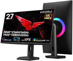 KOORUI 27" 4K QD-Mini LED Gaming Monitor - Dual-Mode (UHD 160Hz or FHD 320Hz), 1ms, 99% Adobe RGB, HDR1400, 90W USB-C, HDMI 2.1/DP1.4, VESA, Black, S2741LM KOORUI 27" 4K QD-Mini LED Gaming Monitor - Dual-Mode (UHD 160Hz or FHD 320Hz), 1ms, 99% Adobe RGB, HDR1400, 90W USB-C, HDMI 2.1/DP1.4, VESA, Black, S2741LM