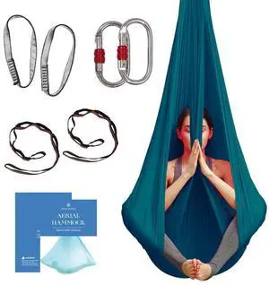 Aerial Silk Yoga Hammock & Swing for Home, Inversion Exercises, Starter Kit for All Levels - Durable with Extension Straps, Carabiners, and Pose Guide Aerial Silk Yoga Hammock & Swing for Home, Inversion Exercises, Starter Kit for All Levels - Durable with Extension Straps, Carabiners, and Pose Guide