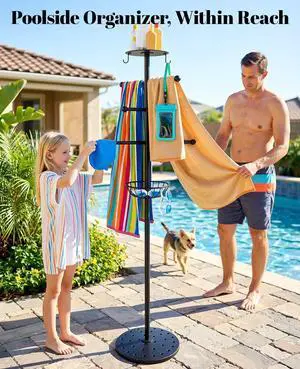 Luxspire Pool Towel Rack Outdoor, 6 Bars Outdoor Pool Towel Holder, 63 inch Heavy Duty Pool Accessories Outdoor Towel Rack with Tray and Hooks Storage for Beach, Hot Tub, Bathroom, Backyard, Black Luxspire Pool Towel Rack Outdoor, 6 Bars Outdoor Pool Towel Holder, 63 inch Heavy Duty Pool Accessories Outdoor Towel Rack with Tray and Hooks Storage for Beach, Hot Tub, Bathroom, Backyard, Black
