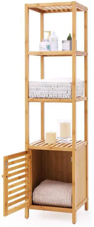 SONGMICS Bamboo Bathroom Storage Floor Cabinet, 4 Tiers Multifunctional Floor Shelving Unit, Free Standing Tower Corner Rack, Natural UBCB50Y SONGMICS Bamboo Bathroom Storage Floor Cabinet, 4 Tiers Multifunctional Floor Shelving Unit, Free Standing Tower Corner Rack, Natural UBCB50Y