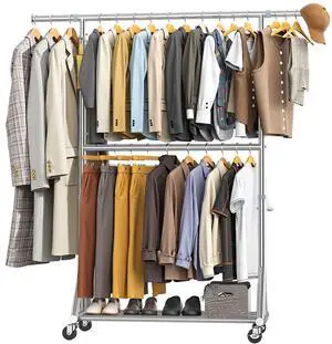 100% Stainless Steel Heavy Duty Clothes Rack Load 860LBS, Adjustable Height Double Rods Clothing Racks for Hanging Clothes, Rolling Garment Rack With Sturdy Wheels Shelf, Portable Closet Wardrobe Rack 100% Stainless Steel Heavy Duty Clothes Rack Load 860LBS, Adjustable Height Double Rods Clothing Racks for Hanging Clothes, Rolling Garment Rack With Sturdy Wheels Shelf, Portable Closet Wardrobe Rack