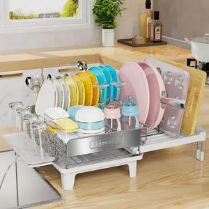 Expandable Dish Drying Rack, Dish Racks for Kitchen Counter, Stainless Steel 304, Flip-Top Retractable Plate, Multi-Directional Adjustable Dish Rack, Space Saving Large Drying Rack Kitchen, White Expandable Dish Drying Rack, Dish Racks for Kitchen Counter, Stainless Steel 304, Flip-Top Retractable Plate, Multi-Directional Adjustable Dish Rack, Space Saving Large Drying Rack Kitchen, White