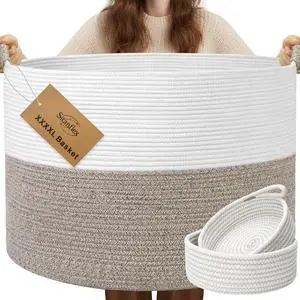 XXXXL 125L Extra Large Blanket Basket, 24.8" x 16" Jumbo Woven Basket (Includes 2 Cute Baskets), Cotton Rope Basket with Handle for Living Room, Baby Toys Nursery, Laundry, Home Decor (White/Brown) XXXXL 125L Extra Large Blanket Basket, 24.8" x 16" Jumbo Woven Basket (Includes 2 Cute Baskets), Cotton Rope Basket with Handle for Living Room, Baby Toys Nursery, Laundry, Home Decor (White/Brown)