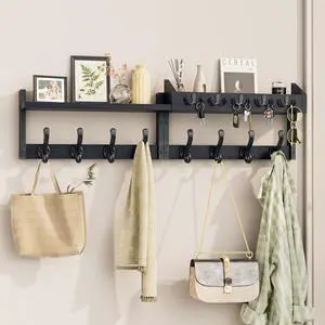 Evermagin 35" Coat Rack Wall Mount with Shelf, 4 in 1 Coat and Key Hanger with 13 Metal Hooks, Entryway Wall Mounted Shelf with Mail Holder for Living Room, Bedroom, Black Evermagin 35" Coat Rack Wall Mount with Shelf, 4 in 1 Coat and Key Hanger with 13 Metal Hooks, Entryway Wall Mounted Shelf with Mail Holder for Living Room, Bedroom, Black