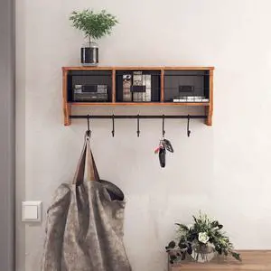 HBCY Creations Wall Mounted Shelf with Coat Hooks and Baskets, Solid Wood Entryway Organizer Wall Shelf with Hooks - Hang Coats, Keys or Coffee Mugs, Rustic Brown 24" Wide HBCY Creations Wall Mounted Shelf with Coat Hooks and Baskets, Solid Wood Entryway Organizer Wall Shelf with Hooks - Hang Coats, Keys or Coffee Mugs, Rustic Brown 24" Wide