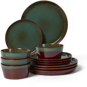 Pokini Plates and Bowls Sets for 4, Ceramic Dinnerware Sets, Kitchen Dish Set, Microwave & Dishwasher Safe Dishware, Highly Durable Hand Glazed Dinner Set, Brown Green Pokini Plates and Bowls Sets for 4, Ceramic Dinnerware Sets, Kitchen Dish Set, Microwave & Dishwasher Safe Dishware, Highly Durable Hand Glazed Dinner Set, Brown Green