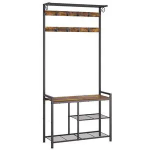 YATINEY Coat Rack Shoe Bench, 4-in-1 Hall Tree with Storage Shelves and Hanging Rod, Entryway Storage Organizer with 8 Movable Hooks, for Entryway, Hallway, Corridor, Rustic Brown and Black MT12BR YATINEY Coat Rack Shoe Bench, 4-in-1 Hall Tree with Storage Shelves and Hanging Rod, Entryway Storage Organizer with 8 Movable Hooks, for Entryway, Hallway, Corridor, Rustic Brown and Black MT12BR