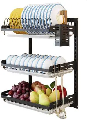 Wall Mounted Dish Drying Rack, 3 Tier Hanging Dish Rack Drainer, Wall Mount Kitchen Plate Organizer Storage Shelf with Drain Tray and 3 Hook, Stainless Steel, Black, Large, Ajustable Height (21.8") Wall Mounted Dish Drying Rack, 3 Tier Hanging Dish Rack Drainer, Wall Mount Kitchen Plate Organizer Storage Shelf with Drain Tray and 3 Hook, Stainless Steel, Black, Large, Ajustable Height (21.8")