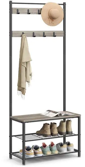 VASAGLE Coat Rack, Hall Tree with Shoe Storage Bench, Entryway Bench with Shoe Storage, 3-in-1, Steel Frame, for Entryway, 12.6 x 27.6 x 68.9 Inches, Industrial, Greige and Black UHSR41MB VASAGLE Coat Rack, Hall Tree with Shoe Storage Bench, Entryway Bench with Shoe Storage, 3-in-1, Steel Frame, for Entryway, 12.6 x 27.6 x 68.9 Inches, Industrial, Greige and Black UHSR41MB