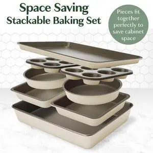 Goodful All-In-One Nonstick Bakeware Set, Stackable and Space Saving Design includes Round and Square Pans, Muffin Pans, Cookie Sheet and Roaster, Dishwasher Safe, 8-Piece, Linen Goodful All-In-One Nonstick Bakeware Set, Stackable and Space Saving Design includes Round and Square Pans, Muffin Pans, Cookie Sheet and Roaster, Dishwasher Safe, 8-Piece, Linen