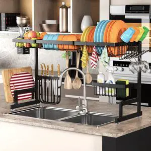PUSDON Over the Sink Dish Drying Rack, 2 Tier Adjustable Large Capacity Stainless Steel Dish Rack for Kitchen Counter, Heavy Duty Space Saver Organizer with Utensil Holder, Black PUSDON Over the Sink Dish Drying Rack, 2 Tier Adjustable Large Capacity Stainless Steel Dish Rack for Kitchen Counter, Heavy Duty Space Saver Organizer with Utensil Holder, Black