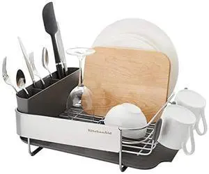 KitchenAid Compact, Space Saving Rust Resistant Dish Rack, with Angled Self Draining Drain Board and Removable Flatware Caddy, 16.06-Inch, Gray KitchenAid Compact, Space Saving Rust Resistant Dish Rack, with Angled Self Draining Drain Board and Removable Flatware Caddy, 16.06-Inch, Gray