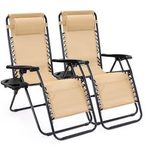 Sweetcrispy Zero Gravity Chairs, Set of 2 Portable Recliner Beach Camping Patio Outdoor Folding Lounge Chair with Cup Holder Trays and Adjustable Pillow for Poolside, Garden, Backyard, Lawn (Khaki) Sweetcrispy Zero Gravity Chairs, Set of 2 Portable Recliner Beach Camping Patio Outdoor Folding Lounge Chair with Cup Holder Trays and Adjustable Pillow for Poolside, Garden, Backyard, Lawn (Khaki)