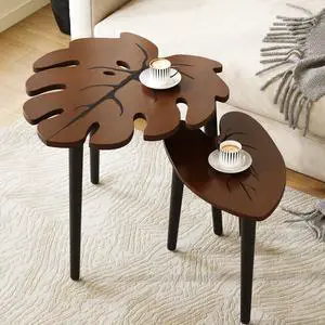 BAMEOS Monstera Leaf Nesting Tables Set of 2, Small Side Tables f Set with Leaf Vein Pattern, Modern Wooden CoffeeTables for Living Room Bedroom Apartment Balcony Yard BAMEOS Monstera Leaf Nesting Tables Set of 2, Small Side Tables f Set with Leaf Vein Pattern, Modern Wooden CoffeeTables for Living Room Bedroom Apartment Balcony Yard