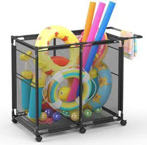 ALIMORDEN Pool Storage Bin with Wheels, Large Pool Toy Organizer with Handles, Mesh Rolling Pool Float Storage for Outdoor, Holds Noodles Floats Towels, Heavy Duty Metal Frame for Patio, Black ALIMORDEN Pool Storage Bin with Wheels, Large Pool Toy Organizer with Handles, Mesh Rolling Pool Float Storage for Outdoor, Holds Noodles Floats Towels, Heavy Duty Metal Frame for Patio, Black