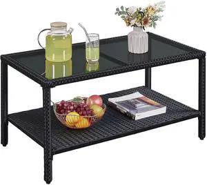 Yaheetech Outdoor Wicker Coffee Side Table, All-Weather Rattan Patio Storage Furniture with Tempered Glass Top for Garden, Black Yaheetech Outdoor Wicker Coffee Side Table, All-Weather Rattan Patio Storage Furniture with Tempered Glass Top for Garden, Black