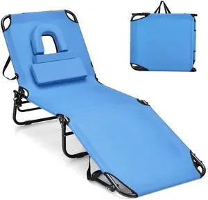 GYMAX Tanning Chair, 330lbs Beach Lounge Chair with Face Hole, Washable Pillow & Carry Strap, Adjustable Folding Chaise Lounge, Layout Lounger for Outside, Patio, Poolside, Lawn (1, Blue) GYMAX Tanning Chair, 330lbs Beach Lounge Chair with Face Hole, Washable Pillow & Carry Strap, Adjustable Folding Chaise Lounge, Layout Lounger for Outside, Patio, Poolside, Lawn (1, Blue)