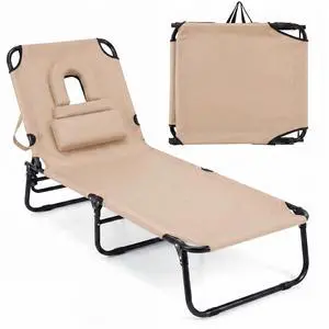 Goplus Tanning Chair, Folding Beach Lounge Chair with Face Hole, Removable Pillow, Carry Strap, Position Adjustable, Sunbathing Chair, Portable Outside Lounge Chair for Patio Pool Goplus Tanning Chair, Folding Beach Lounge Chair with Face Hole, Removable Pillow, Carry Strap, Position Adjustable, Sunbathing Chair, Portable Outside Lounge Chair for Patio Pool