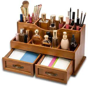 Krdrgey Rustic Wood Makeup Organizer with 2 Drawers, Vintage Tabletop Storage Box for Perfume, Skincare and Beauty Supplies, Thick Wood Design for Office, Bathroom, or Countertop Krdrgey Rustic Wood Makeup Organizer with 2 Drawers, Vintage Tabletop Storage Box for Perfume, Skincare and Beauty Supplies, Thick Wood Design for Office, Bathroom, or Countertop