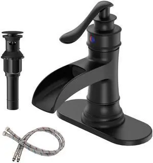 BWE Black Bathroom Sink Faucet 1 Hole, Single Handle Waterfall Faucet with Pop Up Drain and Water Hoses, Vanity Faucet for Home or Commercial Use, Brass Construction BWE Black Bathroom Sink Faucet 1 Hole, Single Handle Waterfall Faucet with Pop Up Drain and Water Hoses, Vanity Faucet for Home or Commercial Use, Brass Construction