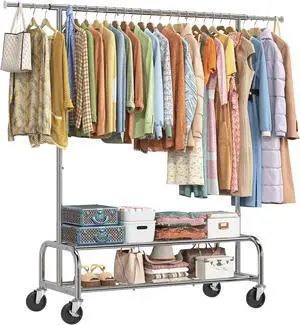 Simple Trending Heavy Duty Clothes Rack, Garment Rack with Extendable Side Rods & Botton Shelves, 25mm Metal Clothing Rack with Wheels, Bedroom, Laundry Room, Silver Simple Trending Heavy Duty Clothes Rack, Garment Rack with Extendable Side Rods & Botton Shelves, 25mm Metal Clothing Rack with Wheels, Bedroom, Laundry Room, Silver