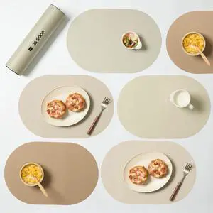 Beige Oval Silicone Placemats Set of 6 Heat Resistant, Waterproof, Easy to Clean Non-Slip Modern Dining Table Mats Premium Leather Textured Japandi Kitchen Decor Beige Oval Silicone Placemats Set of 6 Heat Resistant, Waterproof, Easy to Clean Non-Slip Modern Dining Table Mats Premium Leather Textured Japandi Kitchen Decor