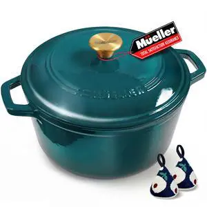Mueller DuraCast 6 Quart Enameled Cast Iron Dutch Oven Pot with Lid, Sourdough Bread Baking, PFOA-Free, 500°F Oven Safe - All Cooktops incl. Induction, Braising & Slow Cooking, Emerald Mueller DuraCast 6 Quart Enameled Cast Iron Dutch Oven Pot with Lid, Sourdough Bread Baking, PFOA-Free, 500°F Oven Safe - All Cooktops incl. Induction, Braising & Slow Cooking, Emerald