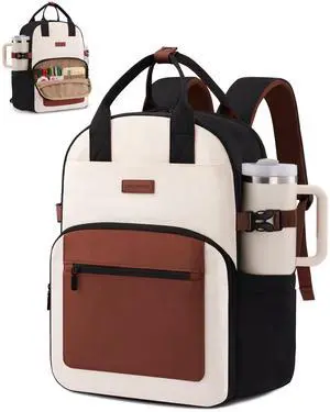 LOVEVOOK Laptop Backpack for Women - Stylish Work Backpack with Large Cup Holder, Waterproof College Teacher Backpack, Beige-Brown, 17Inch LOVEVOOK Laptop Backpack for Women - Stylish Work Backpack with Large Cup Holder, Waterproof College Teacher Backpack, Beige-Brown, 17Inch