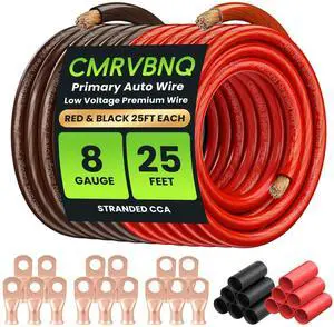 CMRVBNQ 8 Gauge Battery Cable CCA Wire Kit, 25ft Each Red Black with Terminals Heat Shrink Tubes Low Voltage Primary Automotive Power Ground Cable for Car Audio Amp Subwoofer RV Wiring CMRVBNQ 8 Gauge Battery Cable CCA Wire Kit, 25ft Each Red Black with Terminals Heat Shrink Tubes Low Voltage Primary Automotive Power Ground Cable for Car Audio Amp Subwoofer RV Wiring