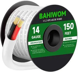 BAHIWOM 14 Gauge 150FT Speaker Wire CCA 2 Conductors Cord CL2 Rated Speaker Cable for Indoor,in-Wall,in-Ceiling,Home Theater & Commercial Audio with White PVC Jacket BAHIWOM 14 Gauge 150FT Speaker Wire CCA 2 Conductors Cord CL2 Rated Speaker Cable for Indoor,in-Wall,in-Ceiling,Home Theater & Commercial Audio with White PVC Jacket