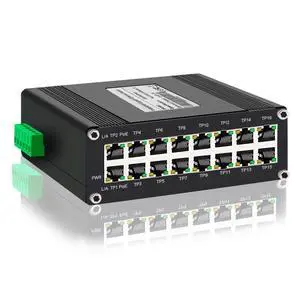 Industrial 16 Port Gigabit PoE+ Switch, 16RJ45 10/100/1000Mbps, IEEE 802.3af/at, 360W Power Budget, DIN-Rail Mount, -40C to 80C, Redundant 4857V DC Input Industrial 16 Port Gigabit PoE+ Switch, 16RJ45 10/100/1000Mbps, IEEE 802.3af/at, 360W Power Budget, DIN-Rail Mount, -40C to 80C, Redundant 4857V DC Input