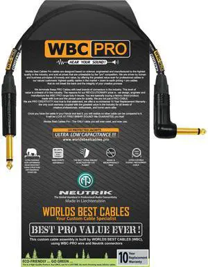 1.5 Foot - WBC-PRO-Guitar 20 AWG - Low-Cap (18pF/ft) Pro-Grade Graphite-Based - Dual-Shielded Guitar, Bass, Instrument Cable with Neutrik Straight to Angled Inch (6.35mm) Gold TS Connectors 1.5 Foot - WBC-PRO-Guitar 20 AWG - Low-Cap (18pF/ft) Pro-Grade Graphite-Based - Dual-Shielded Guitar, Bass, Instrument Cable with Neutrik Straight to Angled Inch (6.35mm) Gold TS Connectors