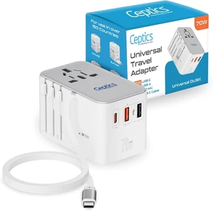 Ceptics 70W Universal Adapter, USB-C Cable, 3 USB Ports & Universal Socket Ceptics 70W Universal Adapter, USB-C Cable, 3 USB Ports & Universal Socket