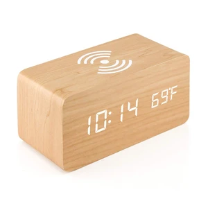Alarm Clock with Qi Wireless Charging Pad Compatible with iPhone Samsung Wood LED Digital Clock Sound Control Function, Time Date, Temperature Display for Bedroom Office Home - Wood Alarm Clock with Qi Wireless Charging Pad Compatible with iPhone Samsung Wood LED Digital Clock Sound Control Function, Time Date, Temperature Display for Bedroom Office Home - Wood