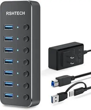 UBS Hub, RSHTECH 7 Port USB 3.0/USB C Hub Upgraded Version Aluminum USB Splitter with 2-in-1 USB Cable,5V 3A Power Adapter and Individual Switches, USB Port Expander for Laptop/PC, RSH-ST07 UBS Hub, RSHTECH 7 Port USB 3.0/USB C Hub Upgraded Version Aluminum USB Splitter with 2-in-1 USB Cable,5V 3A Power Adapter and Individual Switches, USB Port Expander for Laptop/PC, RSH-ST07