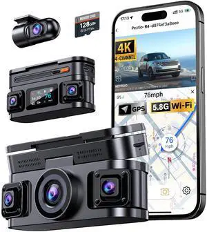 360° View 4K 4 Channel Dash Cam Front and Rear Inside Left Right, Built-in GPS, 5.8GHz WiFi, Car Dash Camera for Cars with App Connect, Support Parking Mode, G-Sensor, Free 128GB Card 360° View 4K 4 Channel Dash Cam Front and Rear Inside Left Right, Built-in GPS, 5.8GHz WiFi, Car Dash Camera for Cars with App Connect, Support Parking Mode, G-Sensor, Free 128GB Card