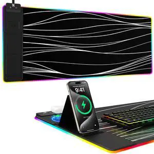 Mouse Pad with Phone Holder, Wireless Charging Desk Mat, RGB Gaming Mousepad Home Office Large Desk Pad with Ultra-Smooth Surface, Non-Slip Base, Waterproof Keyboard Pad,Wavy Black Mouse Pad with Phone Holder, Wireless Charging Desk Mat, RGB Gaming Mousepad Home Office Large Desk Pad with Ultra-Smooth Surface, Non-Slip Base, Waterproof Keyboard Pad,Wavy Black