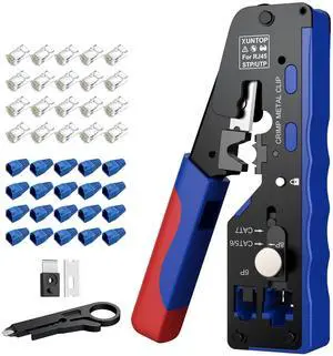 Pass Through RJ45 Crimp Tool Kit for Cat5 Cat6 Cat6A Cat7 All-in-One RJ45 Crimp Tool Kit with 20 Cat6 Pass-Through Gold-Plated Connectors for Cutting Stripping Crimping Ethernet Cables Pass Through RJ45 Crimp Tool Kit for Cat5 Cat6 Cat6A Cat7 All-in-One RJ45 Crimp Tool Kit with 20 Cat6 Pass-Through Gold-Plated Connectors for Cutting Stripping Crimping Ethernet Cables
