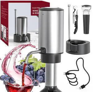 Electric Wine Aerator Pourer Rechargeable One-touch Wine Decanter with Storage Base, Corkscrew and Vacuum Wine Stopper, White Elephant Gifts for Wine Lovers, Silver Electric Wine Aerator Pourer Rechargeable One-touch Wine Decanter with Storage Base, Corkscrew and Vacuum Wine Stopper, White Elephant Gifts for Wine Lovers, Silver