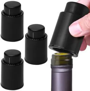 Vacuum Wine Stopper - Leak-Proof Bottle Stopper & Preserver - Vacuum Sealer & Wine Pump for Freshness & Flavor - Date Indicator & Bottle Sealer - Black, Pack of 4 Vacuum Wine Stopper - Leak-Proof Bottle Stopper & Preserver - Vacuum Sealer & Wine Pump for Freshness & Flavor - Date Indicator & Bottle Sealer - Black, Pack of 4