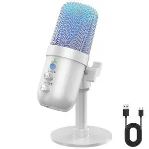USB Microphone, Computer Condenser Mic with Noise Cancellation, Echo Mode, RGB Lighting, Mute Button, Plug & Play Gaming Mic for PC, Mac, PS5, Streaming, Recording, Podcasting & Online Meetings White USB Microphone, Computer Condenser Mic with Noise Cancellation, Echo Mode, RGB Lighting, Mute Button, Plug & Play Gaming Mic for PC, Mac, PS5, Streaming, Recording, Podcasting & Online Meetings White