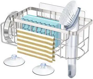 4-in-1 Sponge Holder for Kitchen Sink, Sink Caddy Organizers and Storage with Adhesive Hook & Suction Cups, Rustproof Kitchen Sink Organizer for Home Decor - Silver 4-in-1 Sponge Holder for Kitchen Sink, Sink Caddy Organizers and Storage with Adhesive Hook & Suction Cups, Rustproof Kitchen Sink Organizer for Home Decor - Silver