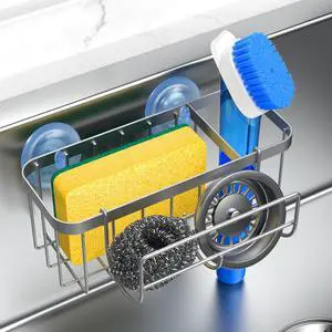 3-in-1 Kitchen Sink Caddy Organizer with Sponge Holder, Brush Holder, Extra Rack for Scrubber, Sink Stopper, Dish Cloth Hanger - Strong Dual Suction Cup, 2.0mm SUS304 Stainless Steel - Silver 3-in-1 Kitchen Sink Caddy Organizer with Sponge Holder, Brush Holder, Extra Rack for Scrubber, Sink Stopper, Dish Cloth Hanger - Strong Dual Suction Cup, 2.0mm SUS304 Stainless Steel - Silver