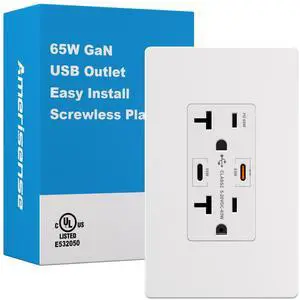 GaN 65W 6Amp 2-Port USB Wall Outlet, 20 Amp Tamper-Resistant Receptacle with 2 USB Type C Port, USB Charger USB-C with Wall Plated Included for Phone/Tablet/Laptop, UL Listed GaN 65W 6Amp 2-Port USB Wall Outlet, 20 Amp Tamper-Resistant Receptacle with 2 USB Type C Port, USB Charger USB-C with Wall Plated Included for Phone/Tablet/Laptop, UL Listed